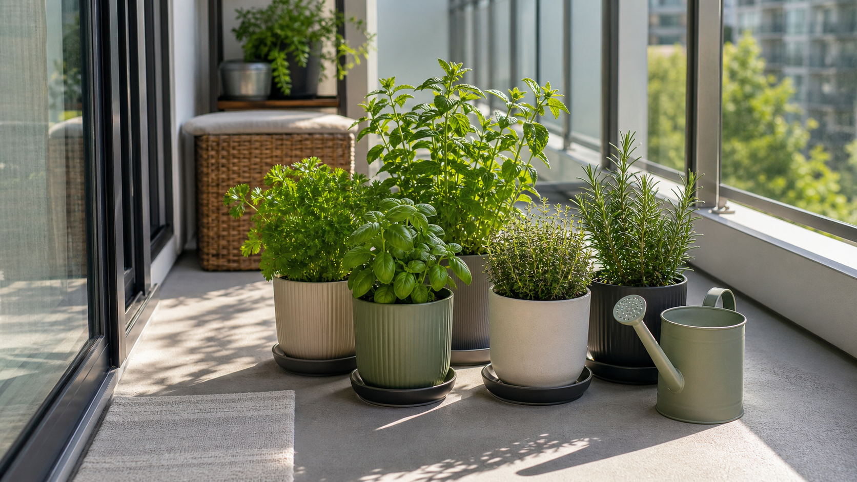 Apartment Balcony Herb Garden Starter Plan: compact renter-friendly balcony with several potted kitchen herbs, saucers, and a watering can
