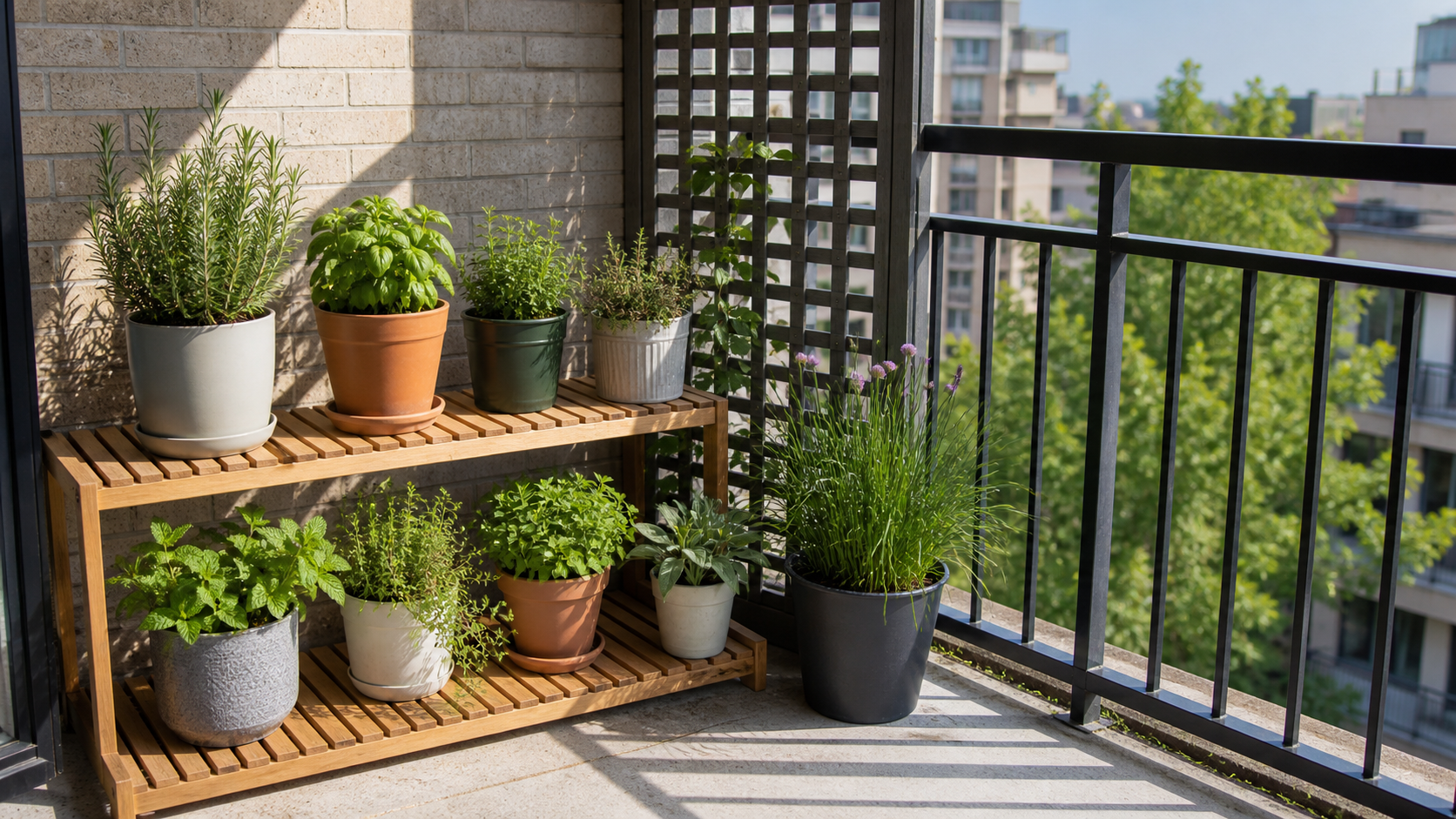 South-Facing Balcony Herbs: balcony herb containers placed across sunny and shaded zones beside a renter-safe screen