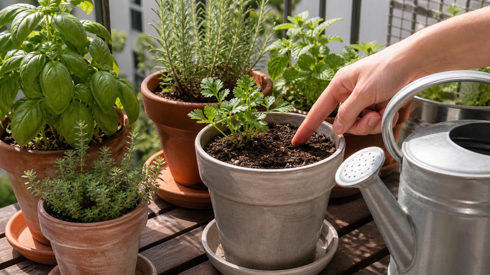 Balcony Herb Garden Watering Schedule: finger checking soil moisture in a balcony herb pot beside a watering can