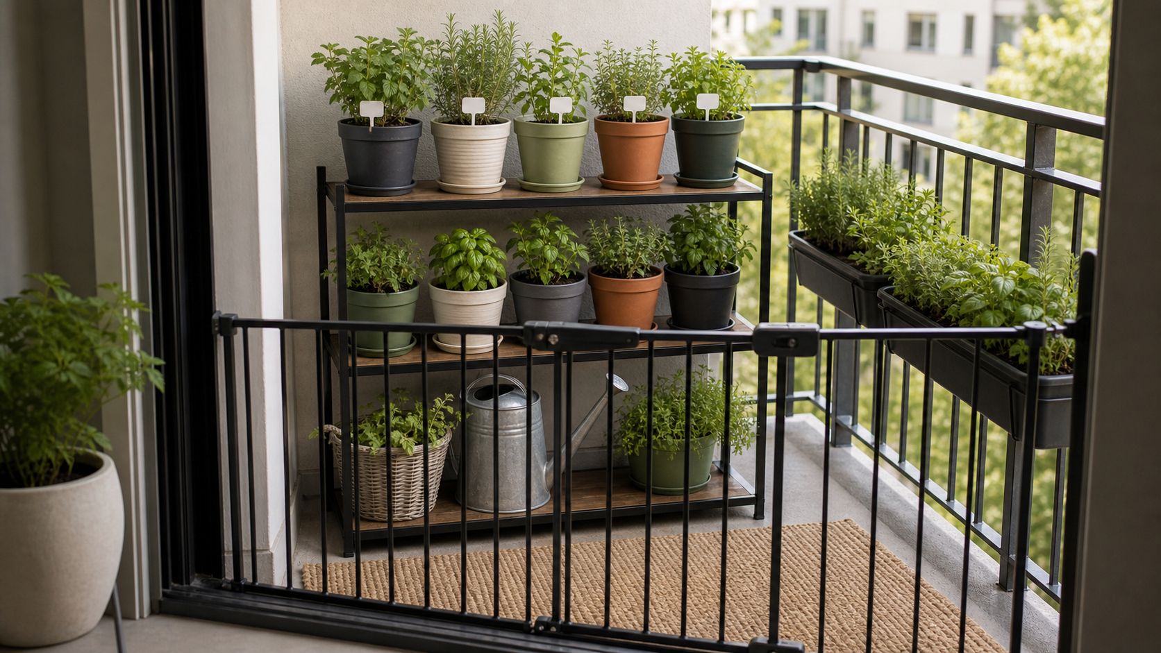 Balcony Herb Pet-Safe Notes: balcony herb shelf behind a simple access barrier with blank plant labels and contained runoff