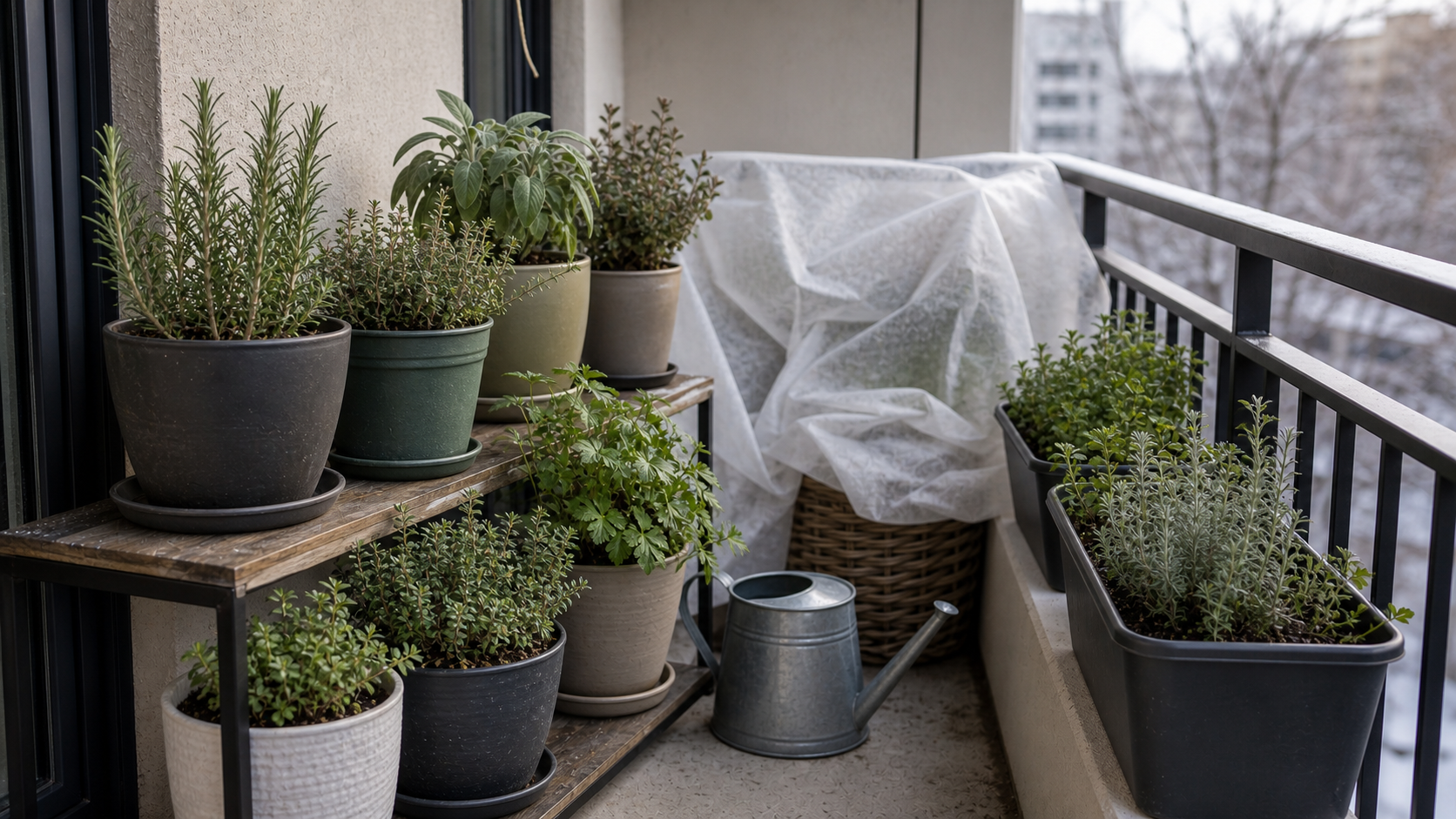 Balcony Herb Winter Care: hardy balcony herb containers grouped near a sheltered wall with breathable winter cover nearby