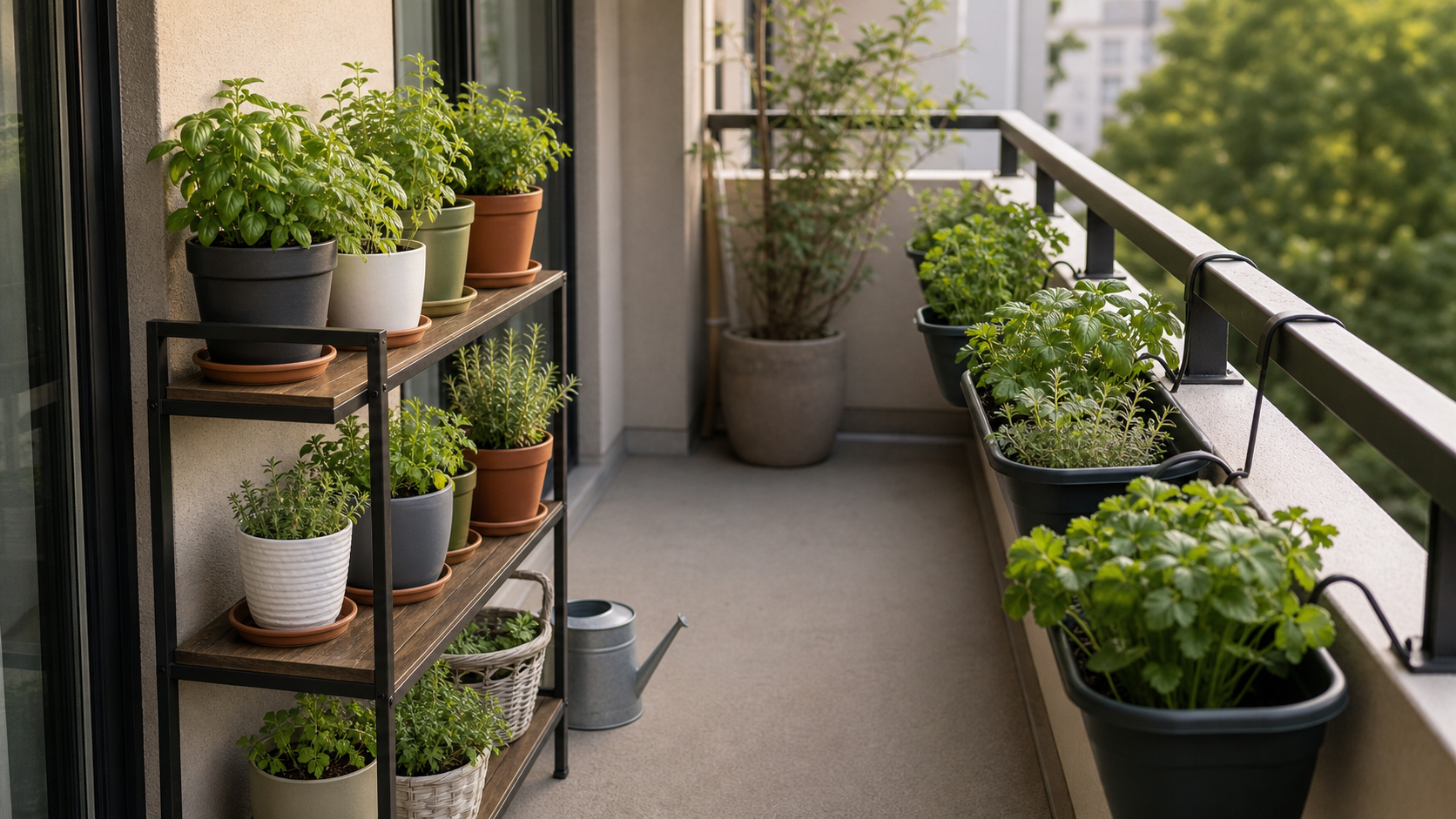 Balcony Herb Garden Layouts for Small Spaces: renter-friendly balcony herb shelf with clear walking space, railing planters, saucers, and watering access
