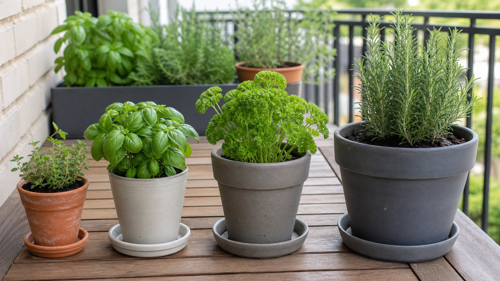 Container Size for Herbs: different practical herb container sizes arranged on a balcony table