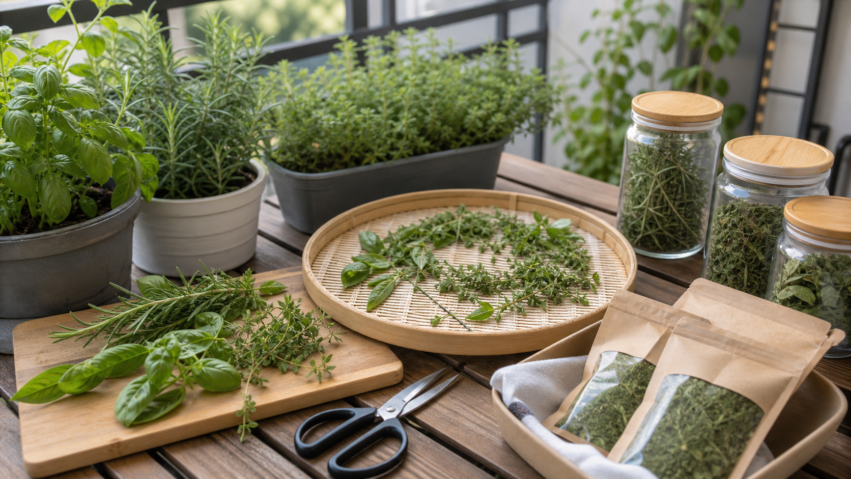 Drying Herbs from a Balcony Garden: small balcony herb harvest with clean scissors, drying tray, storage jars, and potted herbs nearby