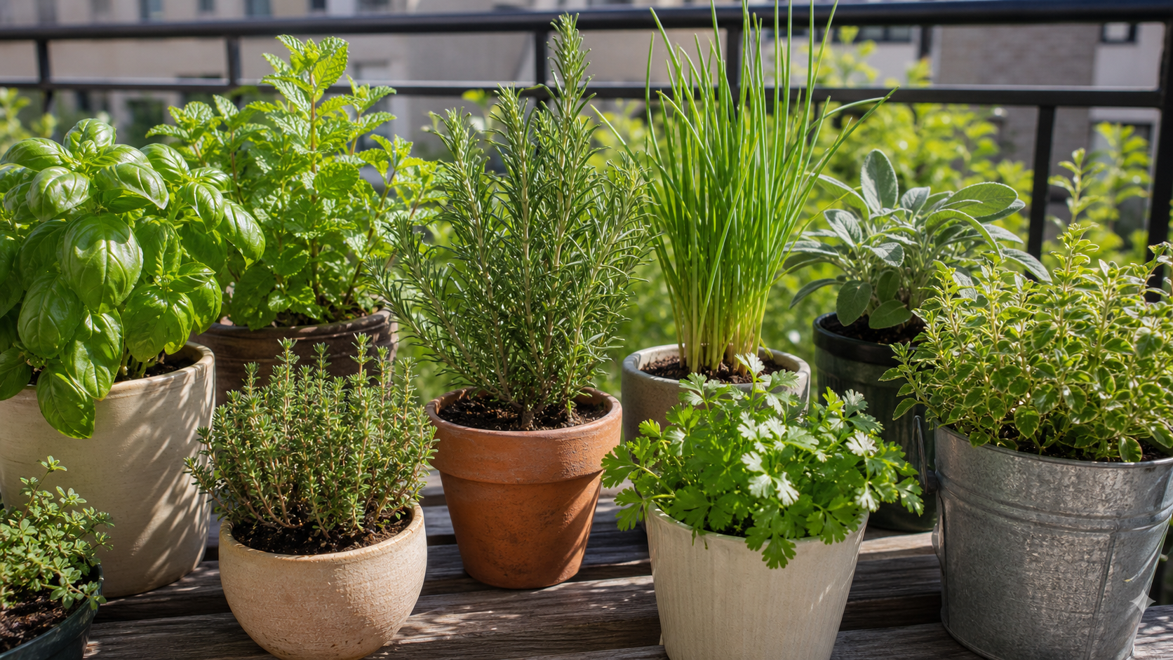 Best Herbs for an Apartment Balcony: separate balcony containers with leafy and woody culinary herbs arranged by plant habit and pot size