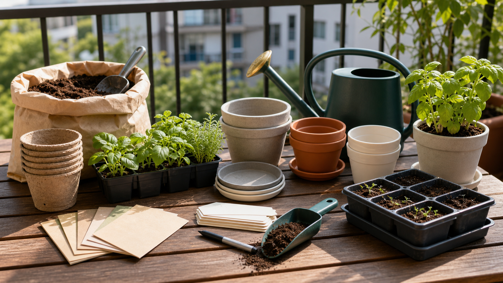 Container Soil for Herbs: renter-friendly balcony herb starter supplies with seedlings, pots, saucers, potting mix, labels, and watering can