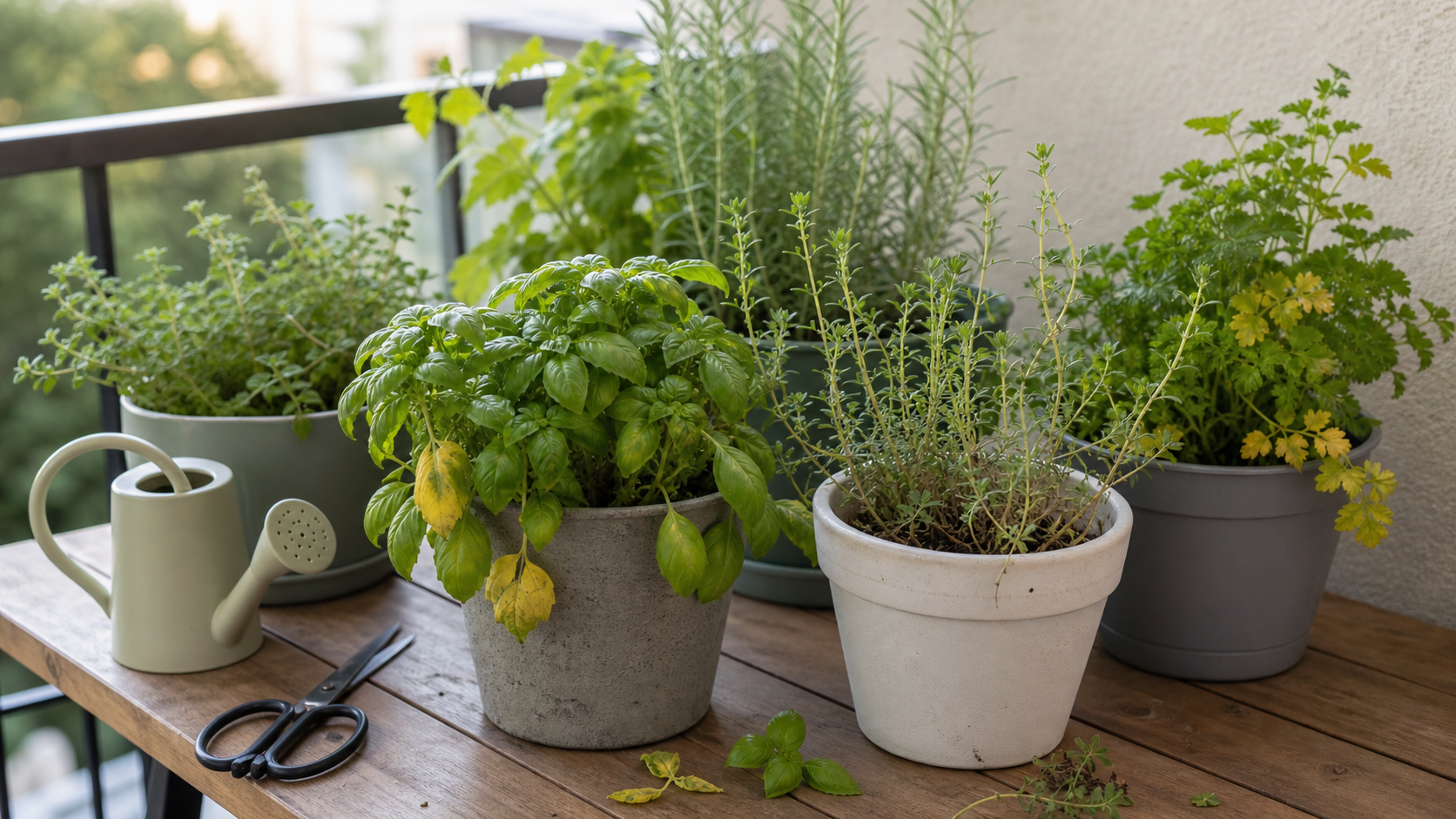 Balcony Herb Pest Guide: balcony herb containers being checked for yellow leaves, leggy growth, water stress, and pruning needs